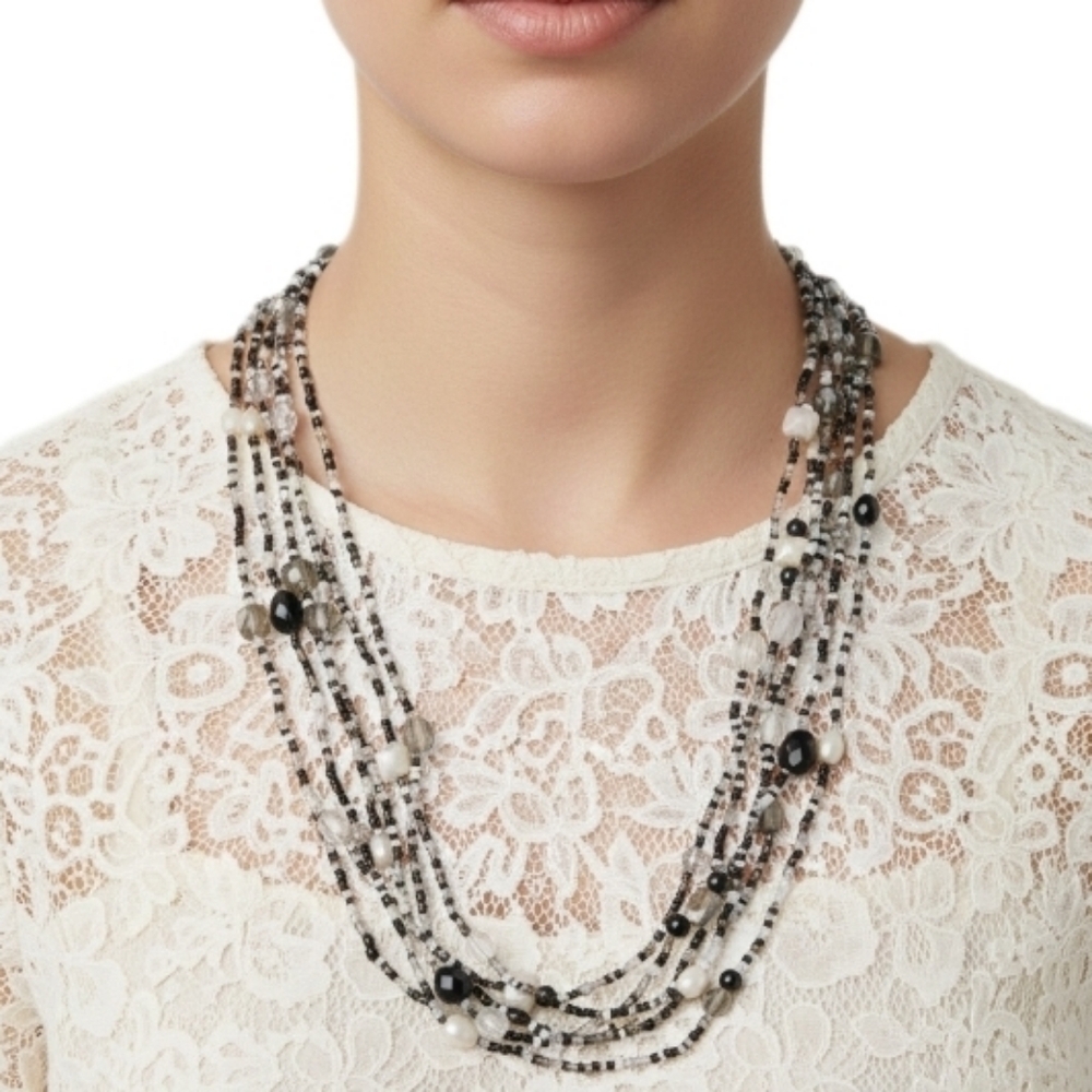 Black Ivory Multi Strand Beaded Layered Statement Necklace Boho
